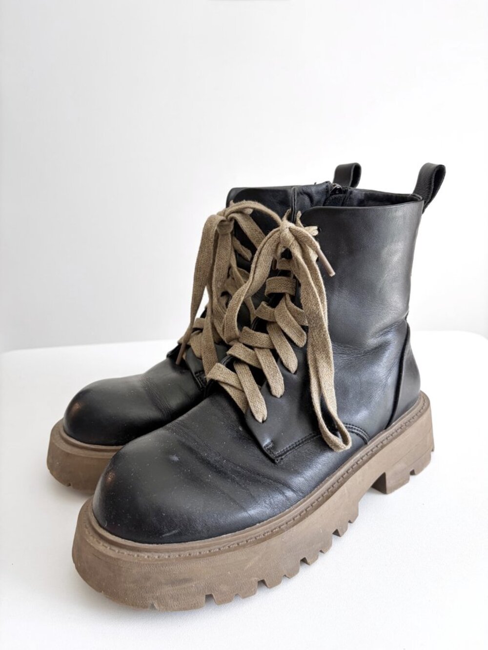 Black Leather Grunge Lace Up Combat Boots Chunky Lug Sole 37